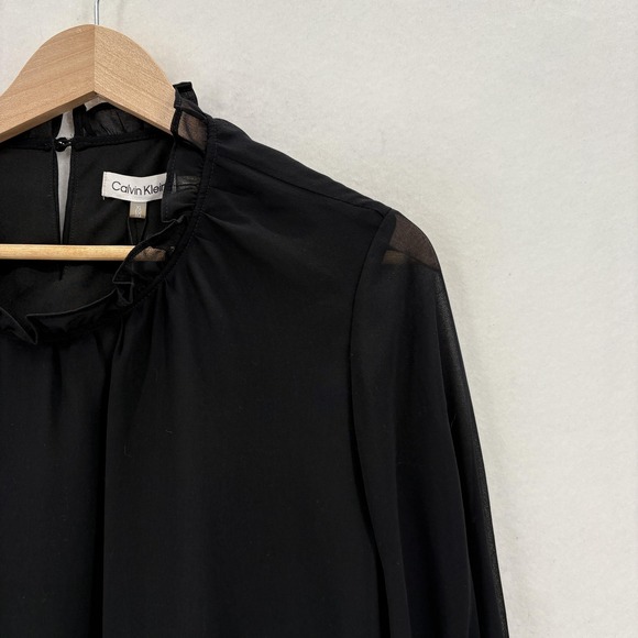 Calvin Klein Blouse Womens XL Black Chiffon High Neck Ruffle Tie Balloon Sleeve - Picture 2 of 13